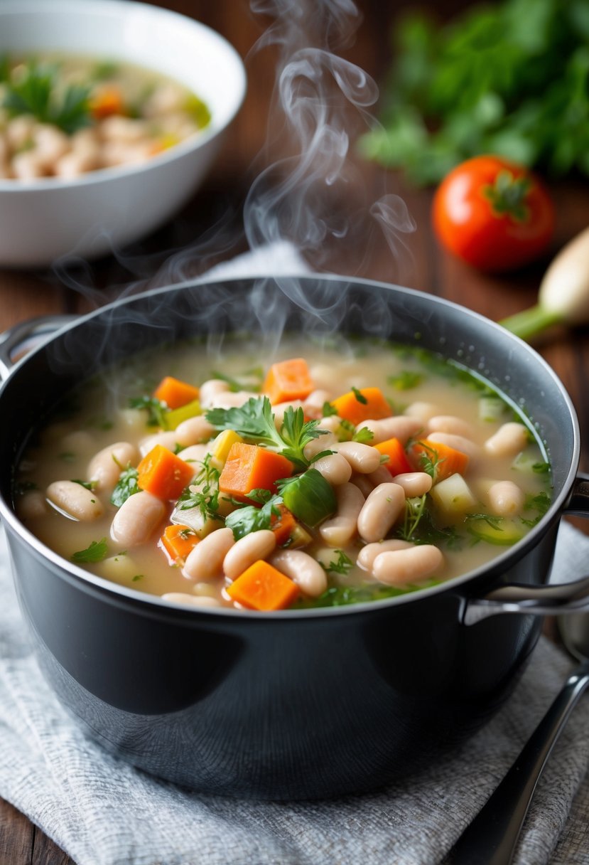 A steaming pot of hearty white bean soup with vegetables and herbs