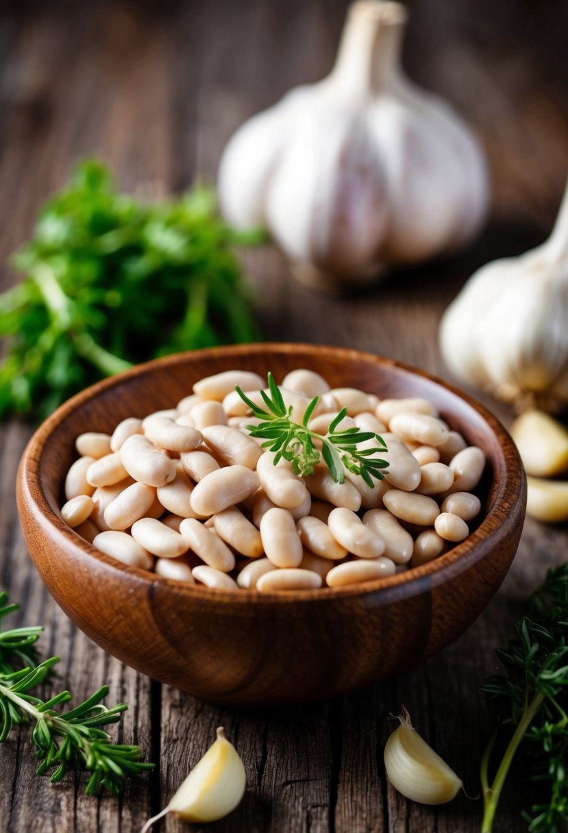 A rustic wooden bowl filled with dried white beans, surrounded by fresh herbs and garlic cloves