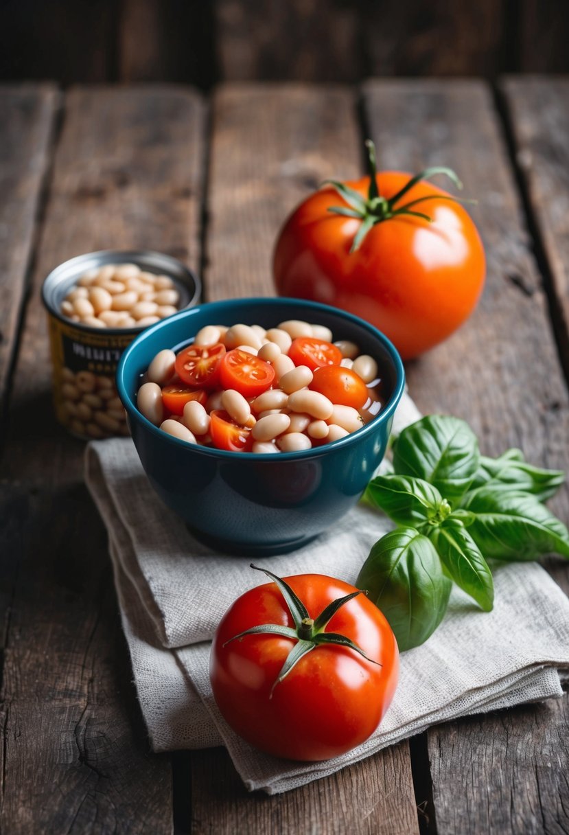 A rustic wooden table with a bowl of white beans and tomatoes, a can of white beans, a bunch of fresh basil, and a ripe tomato