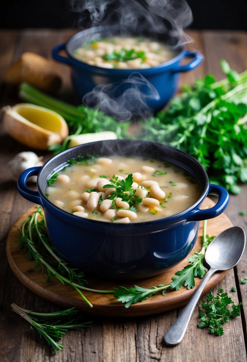 A steaming pot of white bean soup surrounded by fresh herbs and vegetables on a rustic wooden table