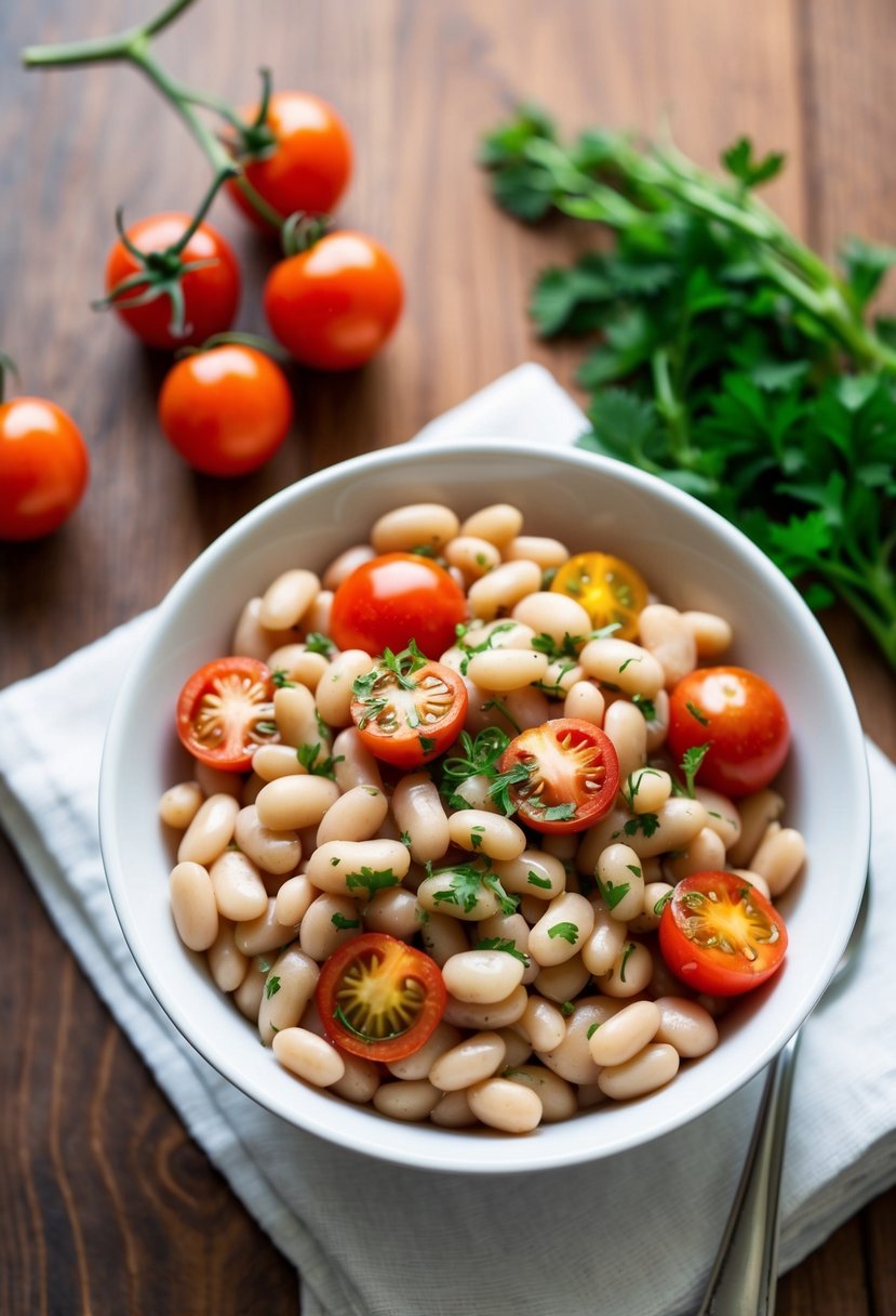 A bowl of white beans mixed with cherry tomatoes, garnished with fresh herbs on a wooden table