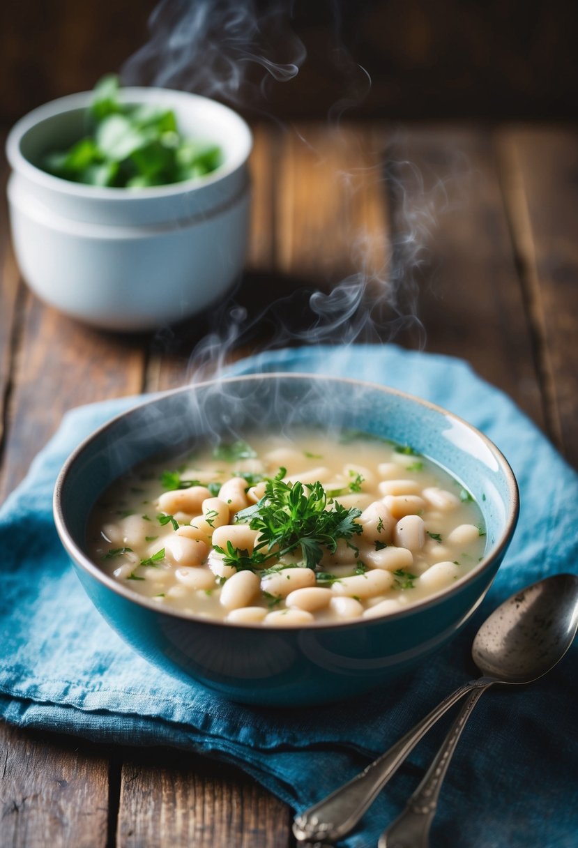 A steaming bowl of rich white bean soup topped with fresh herbs sits on a rustic wooden table