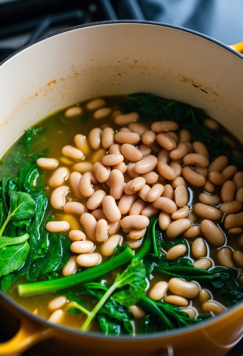 A pot of simmering white beans with vibrant green leafy vegetables