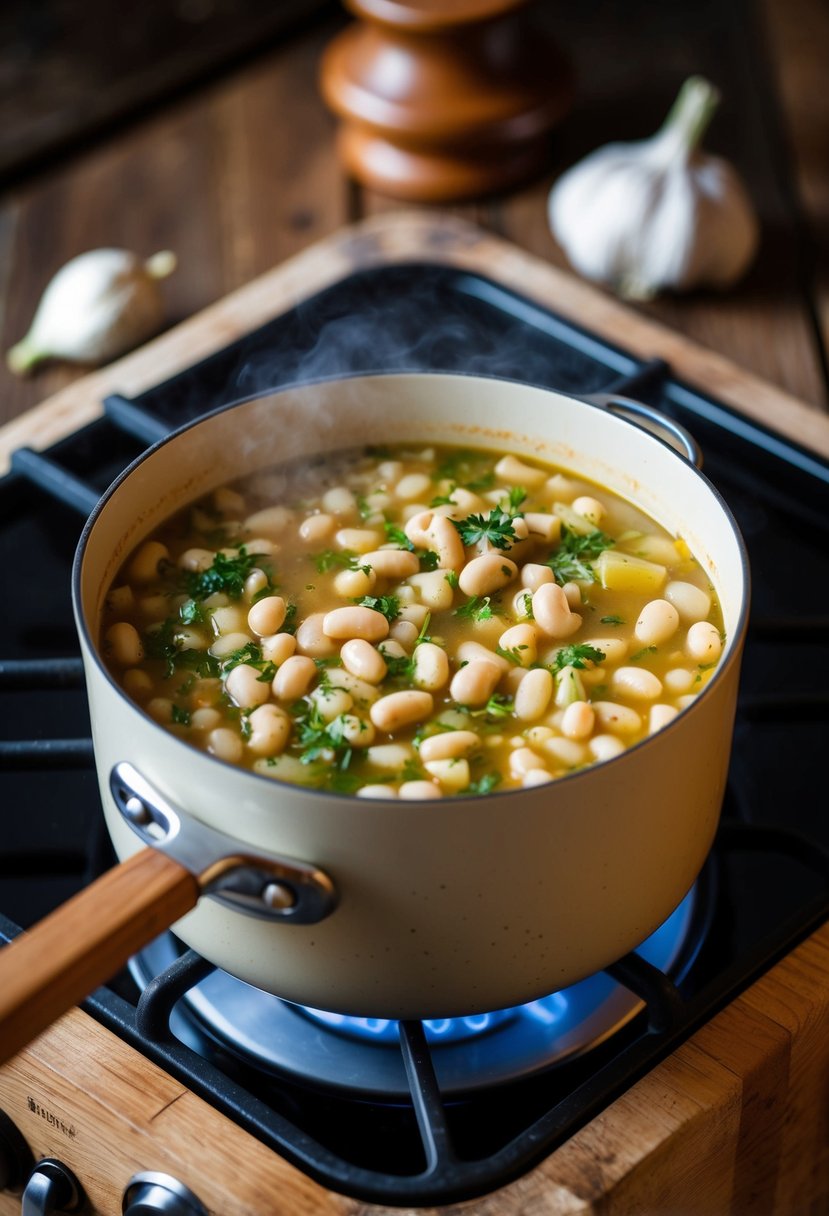 A bubbling pot of white bean stew simmering with garlic, herbs, and vegetables on a rustic wooden stove