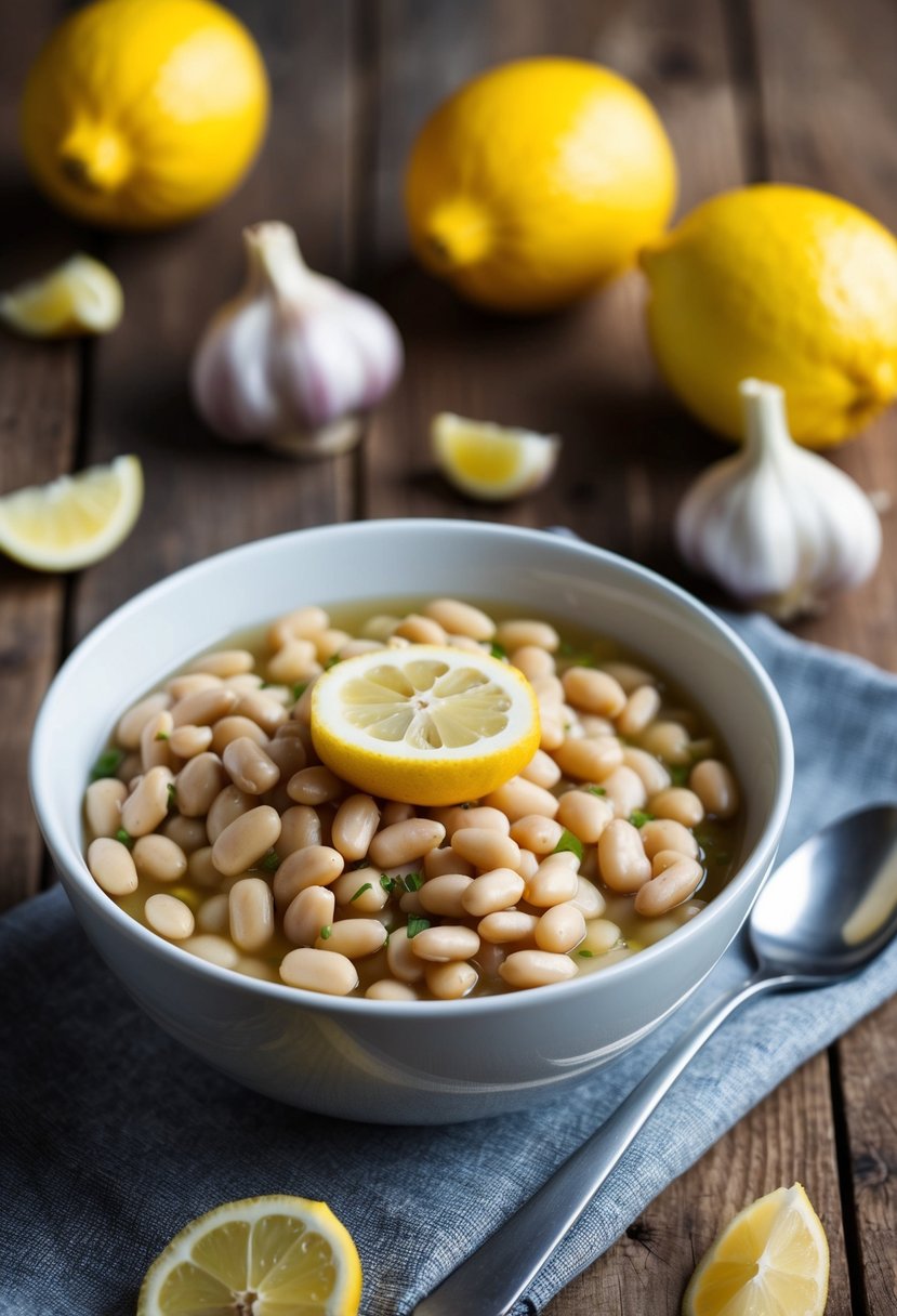 A bowl of lemon and garlic white beans sits on a rustic wooden table. A few whole lemons and garlic bulbs are scattered around the bowl