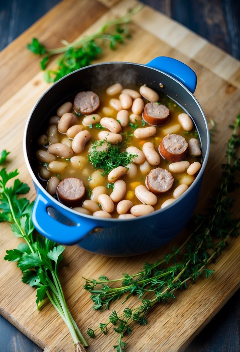 A pot of simmering white beans and sausage, surrounded by fresh herbs and spices on a wooden cutting board