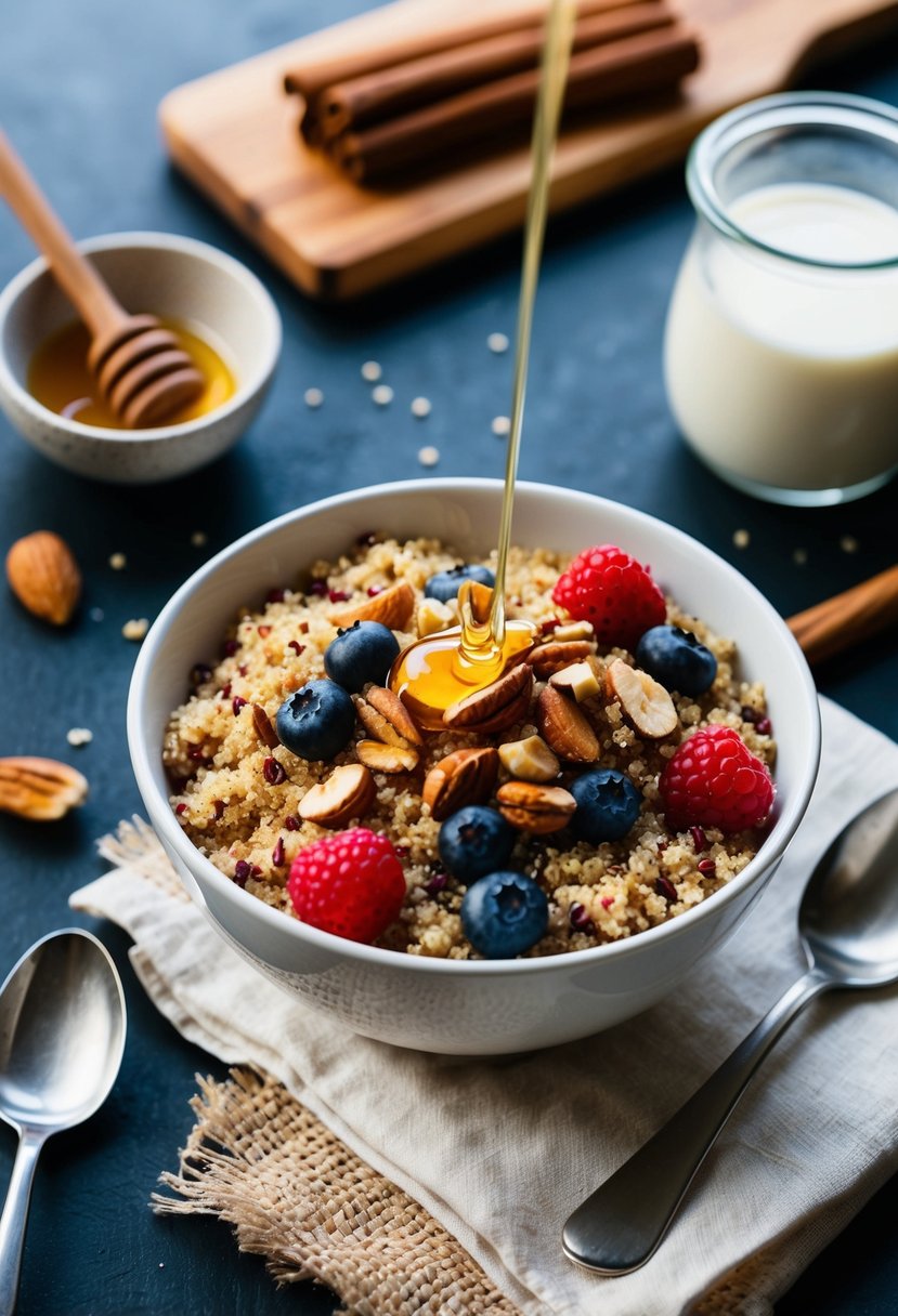 A bowl of cooked quinoa topped with fresh berries, nuts, and a drizzle of honey, surrounded by ingredients like almond milk, cinnamon, and a spoon