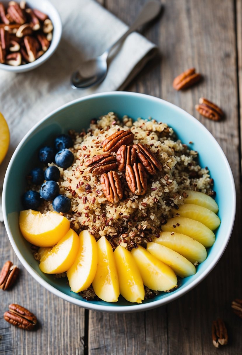 A colorful breakfast bowl filled with quinoa, topped with sliced fruit and toasted pecans, set against a rustic wooden table