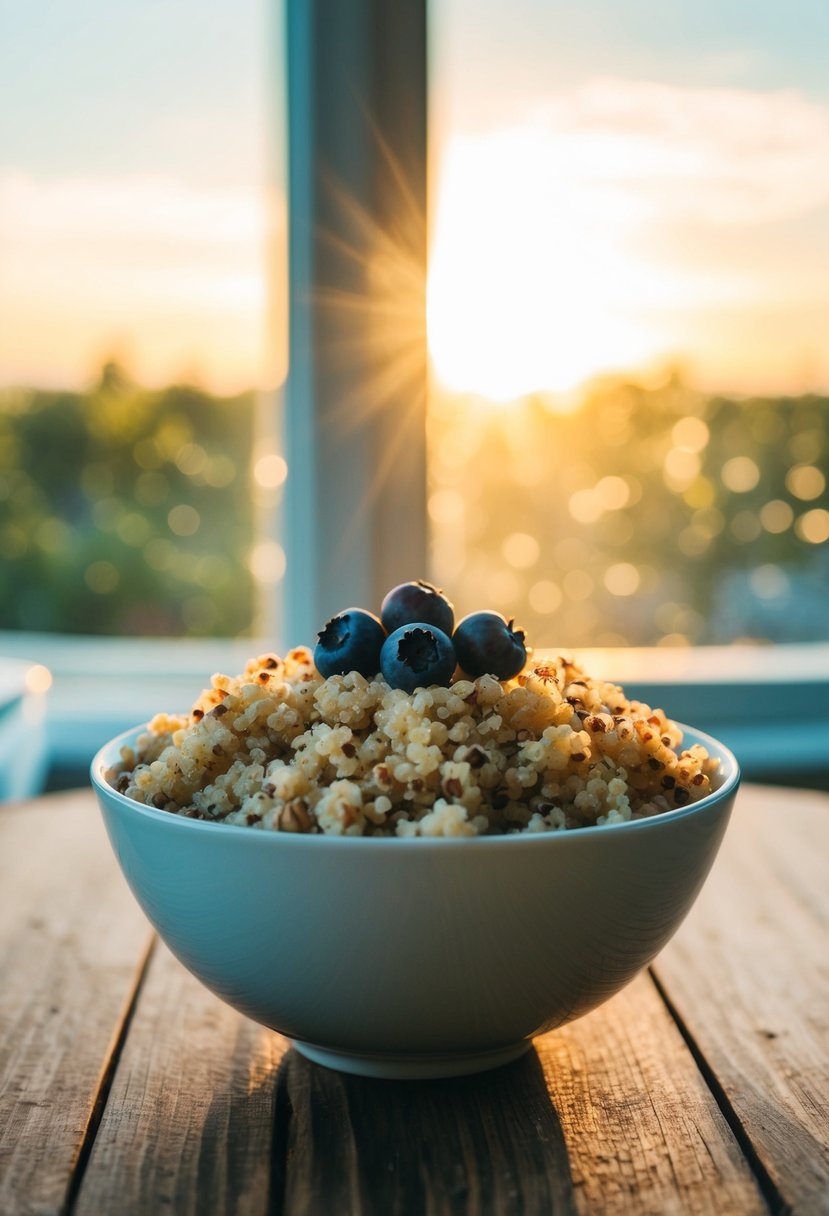 A bowl of coconut quinoa topped with fresh berries on a wooden table. Sunrise light streaming in through a window