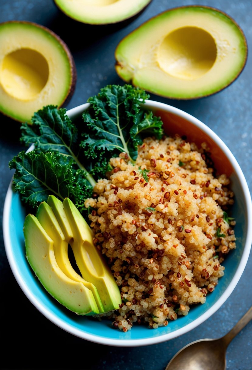 A colorful bowl filled with cooked quinoa, topped with vibrant green kale leaves and slices of ripe avocado