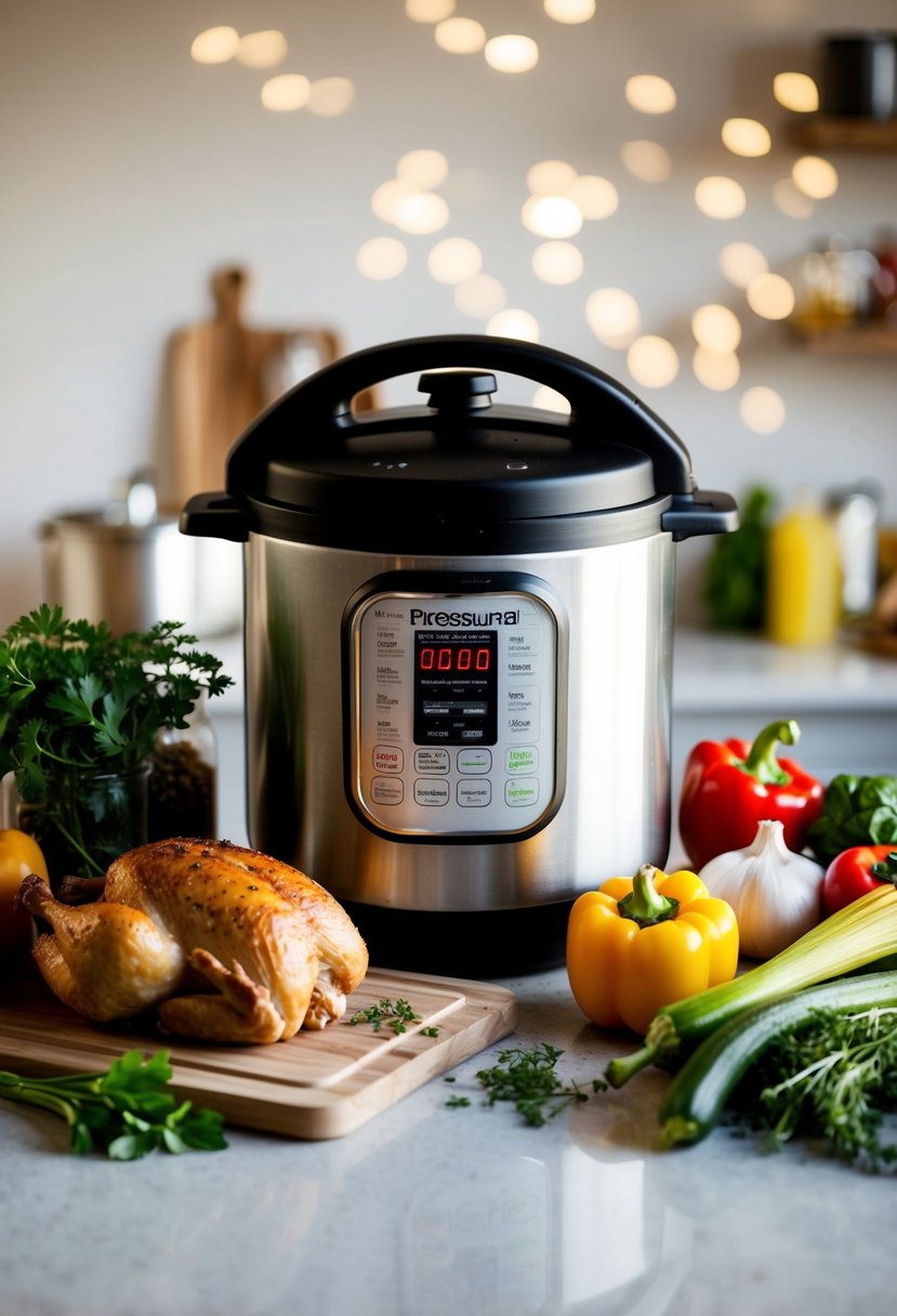 A pressure cooker surrounded by ingredients like chicken, vegetables, and herbs on a kitchen counter