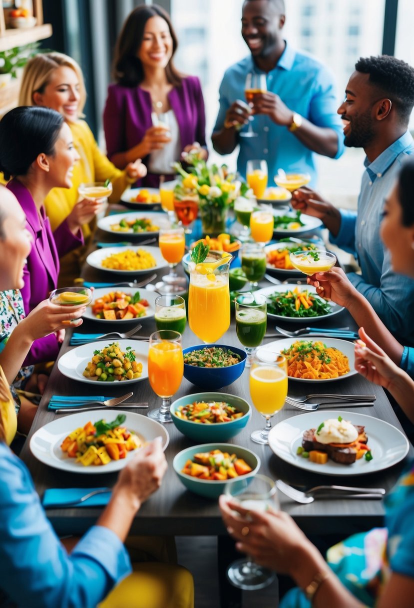 A table set with an array of colorful dishes and drinks, surrounded by animated conversations and laughter