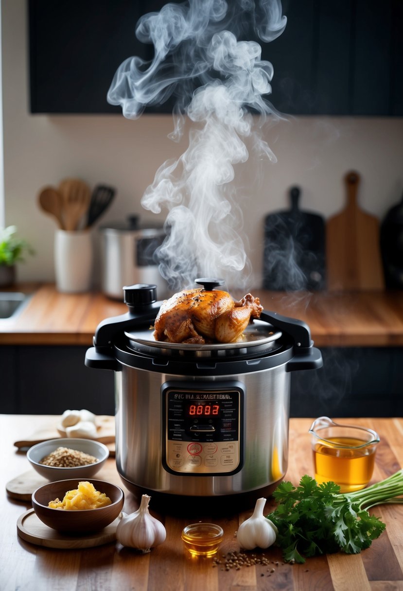 A pressure cooker surrounded by ingredients like chicken, honey, and garlic, with steam rising and a savory aroma filling the kitchen