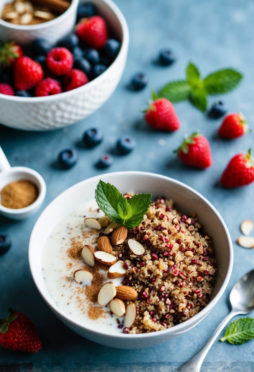 A bowl of quinoa topped with almond milk, cinnamon, and sliced almonds, surrounded by fresh berries and a sprig of mint