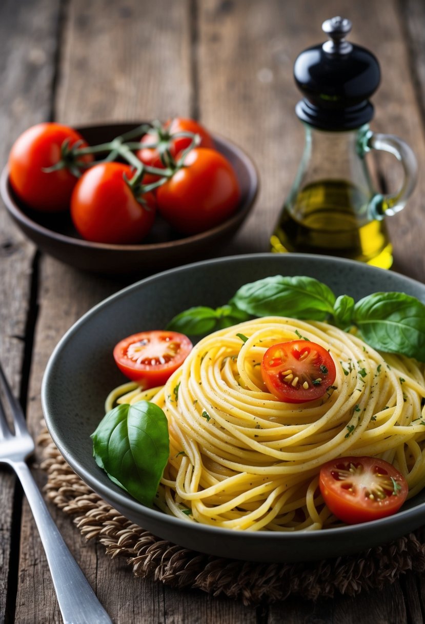 A rustic wooden table set with a bowl of pasta, fresh tomatoes, and basil. A bottle of olive oil and a pepper grinder sit nearby