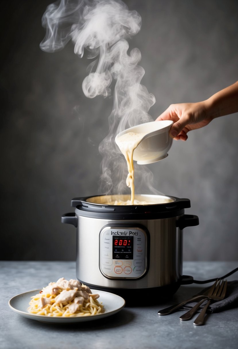 A steamy Instant Pot releasing as creamy chicken Alfredo is being served onto a plate