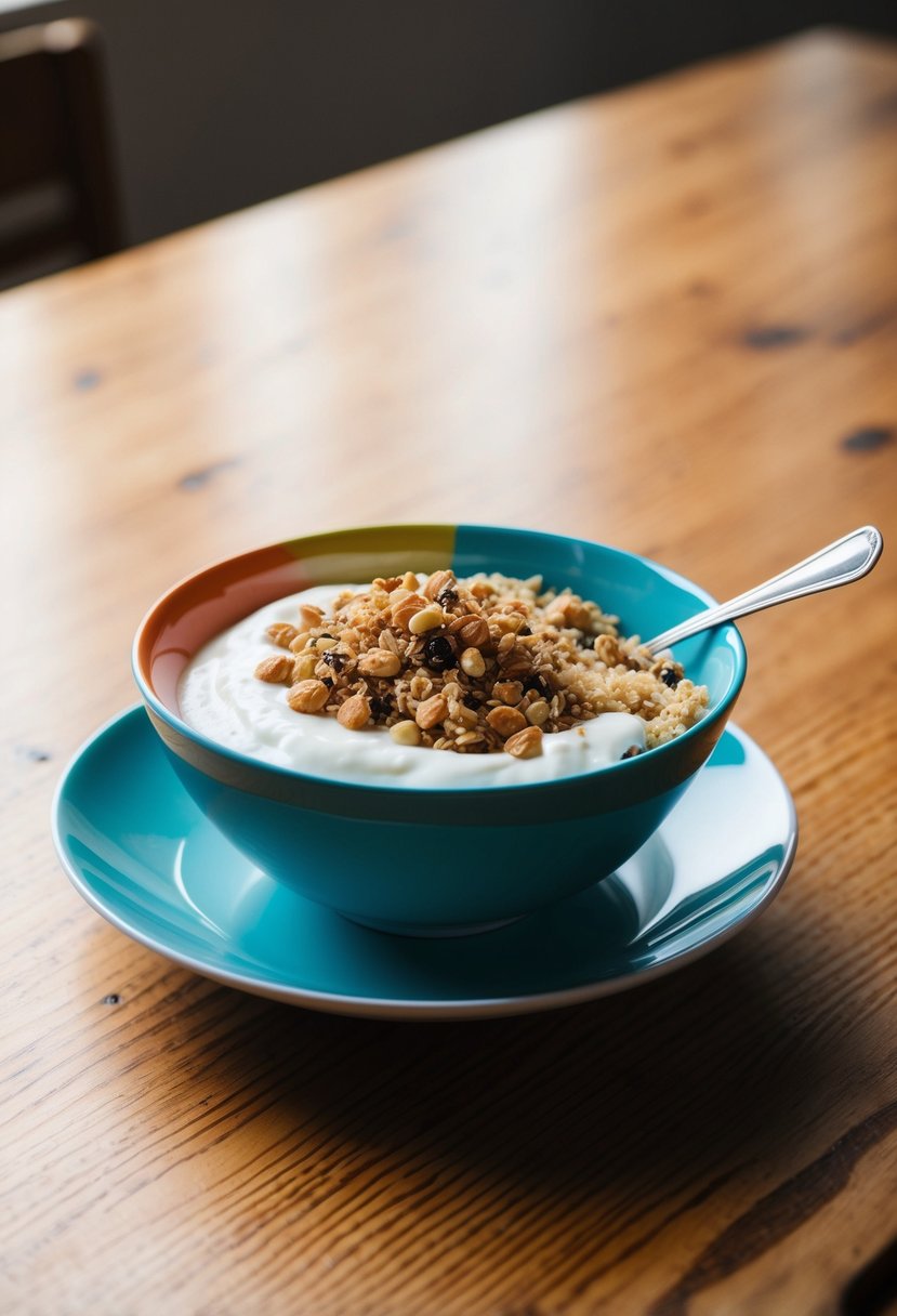 A colorful quinoa bowl topped with yogurt and granola on a wooden table