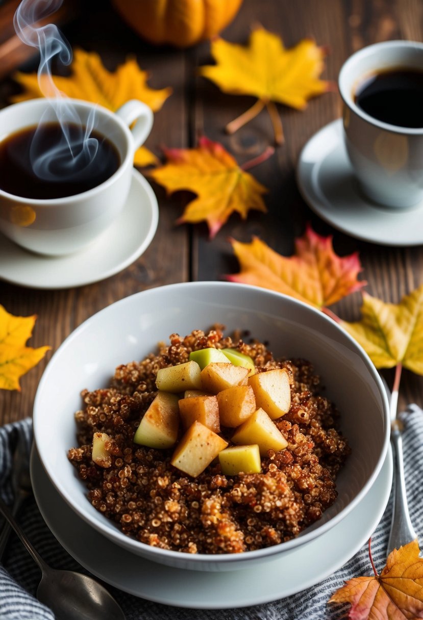 A cozy kitchen table set with a bowl of warm cinnamon apple quinoa, surrounded by autumn leaves and a steaming cup of coffee