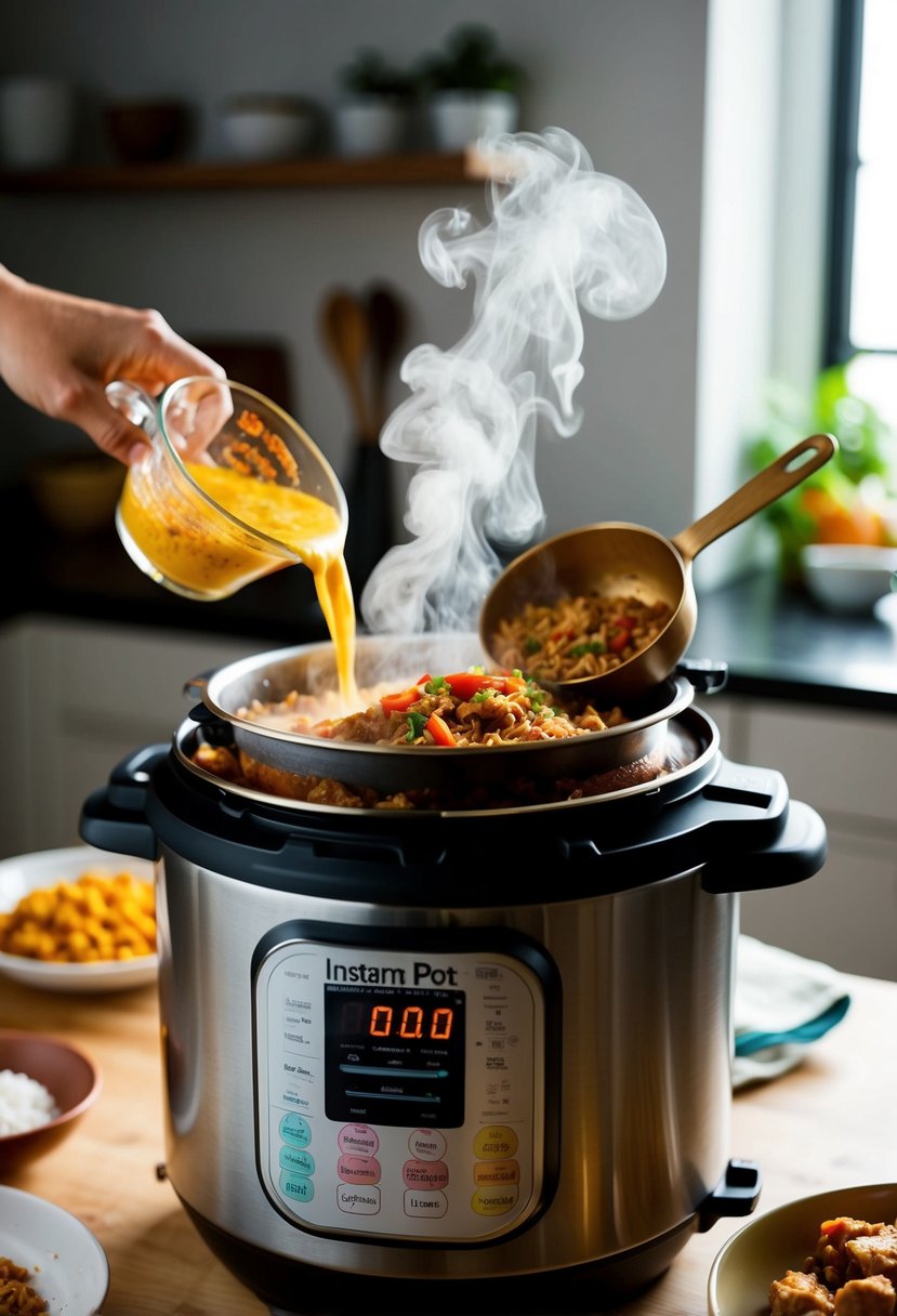 A colorful array of ingredients being added to an Instant Pot, steam rising as the pressure cooker prepares a flavorful jambalaya chicken dish