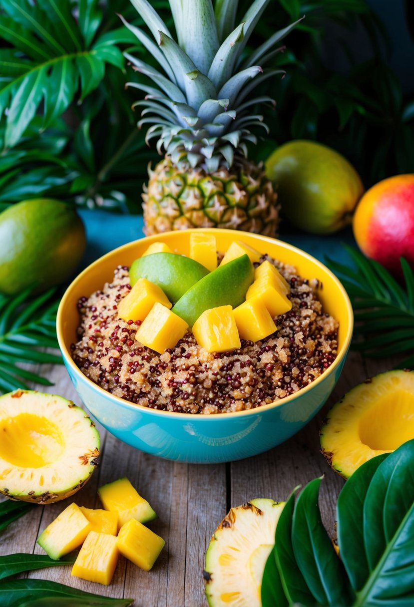 A colorful bowl of quinoa topped with fresh mango and pineapple, surrounded by tropical foliage and fruits