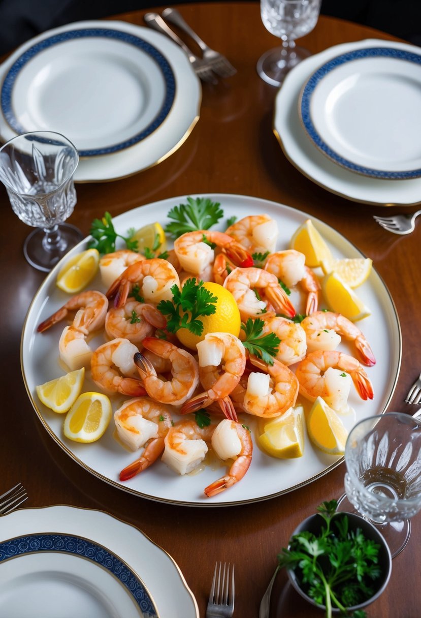 A platter of succulent roasted shrimp surrounded by cocktail sauce, lemon wedges, and fresh parsley, set on a stylish table with elegant dinnerware