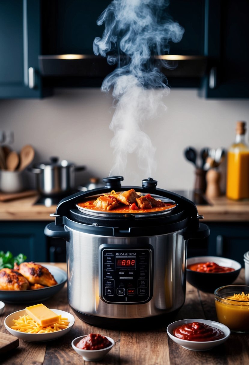 A pressure cooker surrounded by ingredients like chicken, hot sauce, and cheese, with steam rising and a tantalizing aroma filling the kitchen