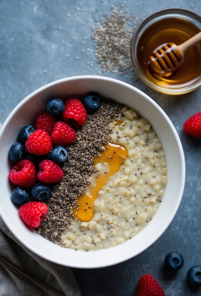 A bowl of vanilla quinoa porridge topped with chia seeds, surrounded by a scattering of fresh berries and a drizzle of honey