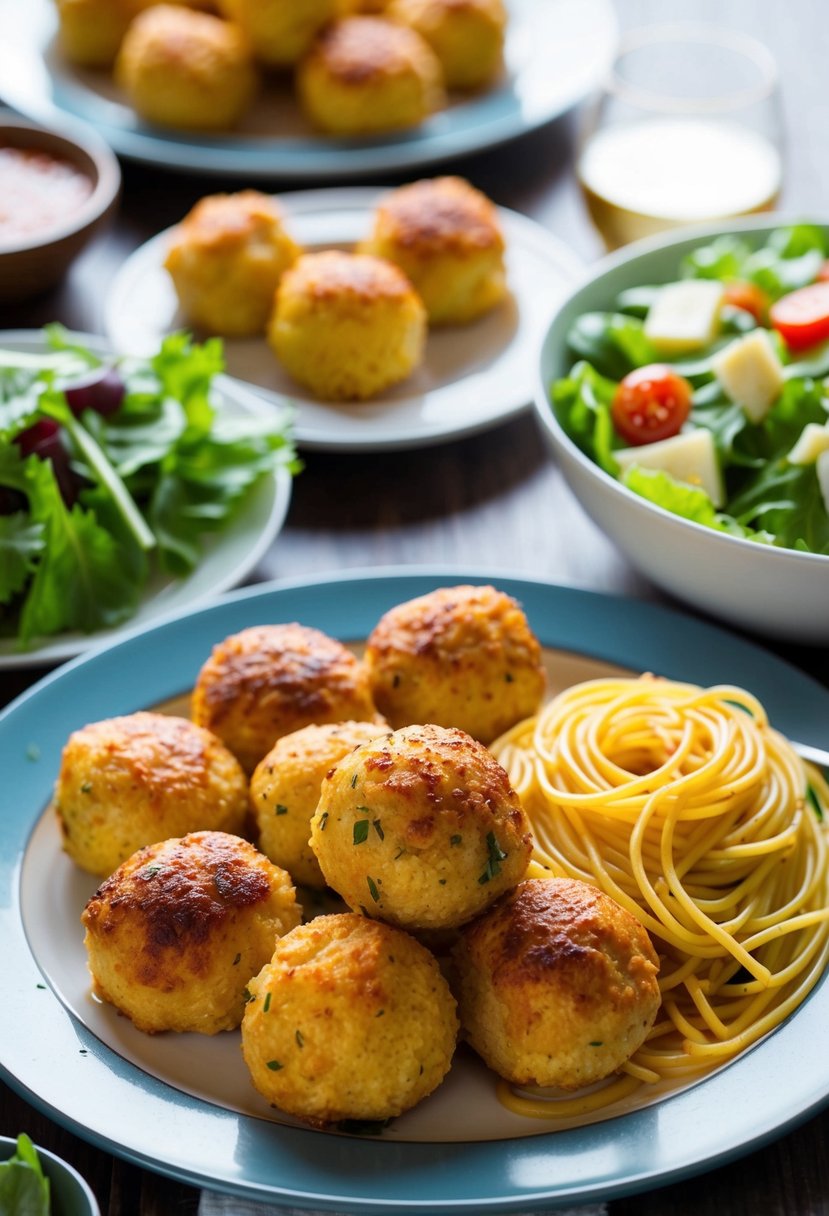 A table set with a platter of golden-brown chicken parmesan meatballs, accompanied by a side of spaghetti and a fresh green salad