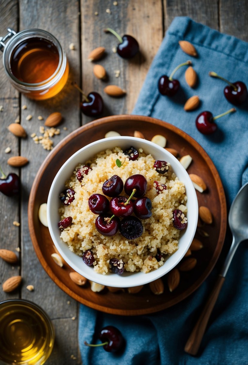 A bowl of sweet quinoa topped with dried cherries, surrounded by scattered ingredients like almonds and honey