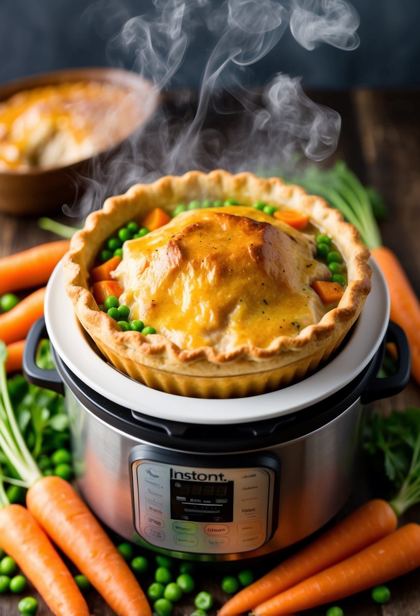 A steaming chicken pot pie emerges from an Instant Pot, surrounded by carrots, peas, and a golden-brown crust