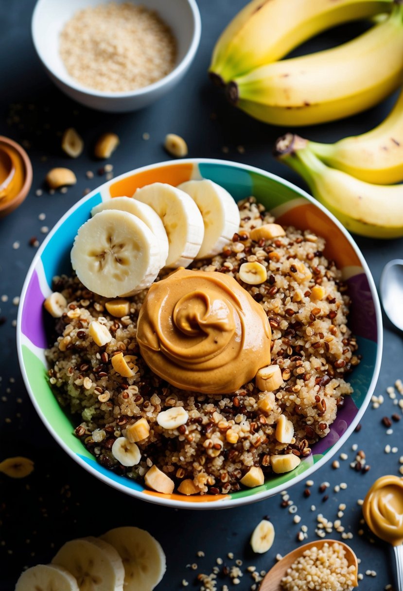 A colorful bowl filled with cooked quinoa, sliced bananas, and a dollop of creamy peanut butter, surrounded by scattered ingredients