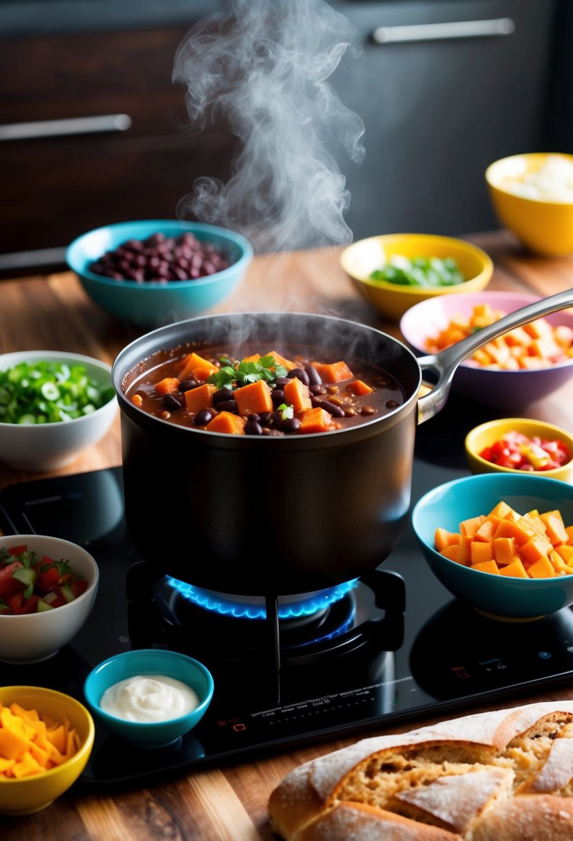 A steaming pot of black bean sweet potato chili simmers on the stove, surrounded by colorful bowls of toppings and a loaf of crusty bread