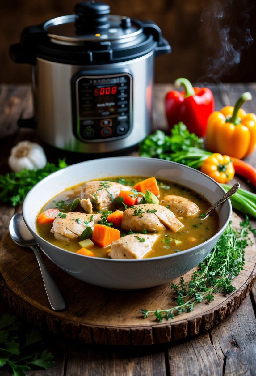 A steaming bowl of chicken stew sits atop a rustic wooden table, surrounded by colorful vegetables and herbs, with a modern pressure cooker in the background