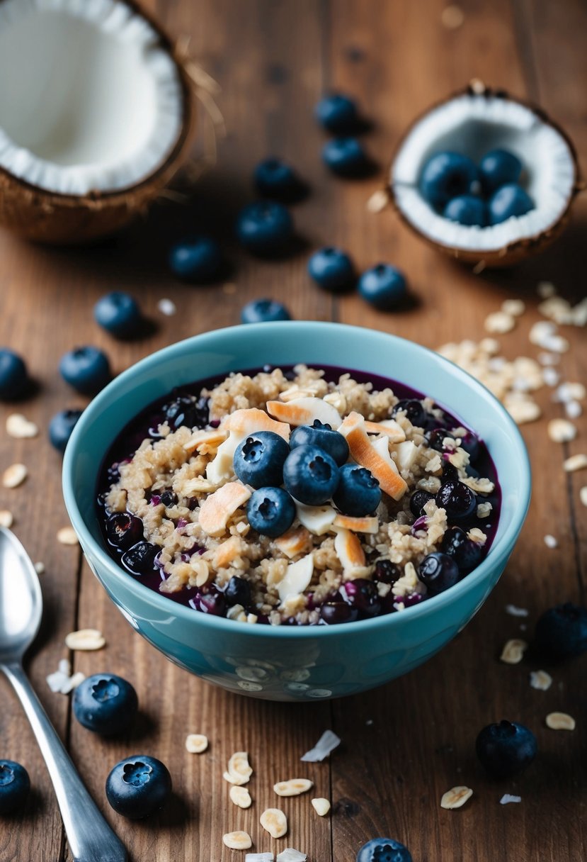 A bowl of blueberry coconut quinoa oatmeal sits on a wooden table, surrounded by fresh blueberries and coconut flakes