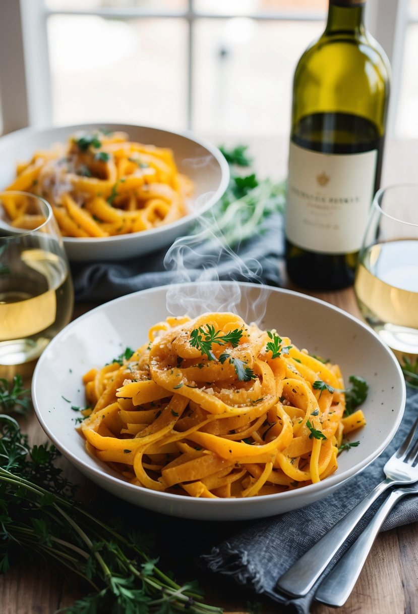 A table set with a steaming bowl of butternut squash pasta surrounded by fresh herbs and a bottle of white wine