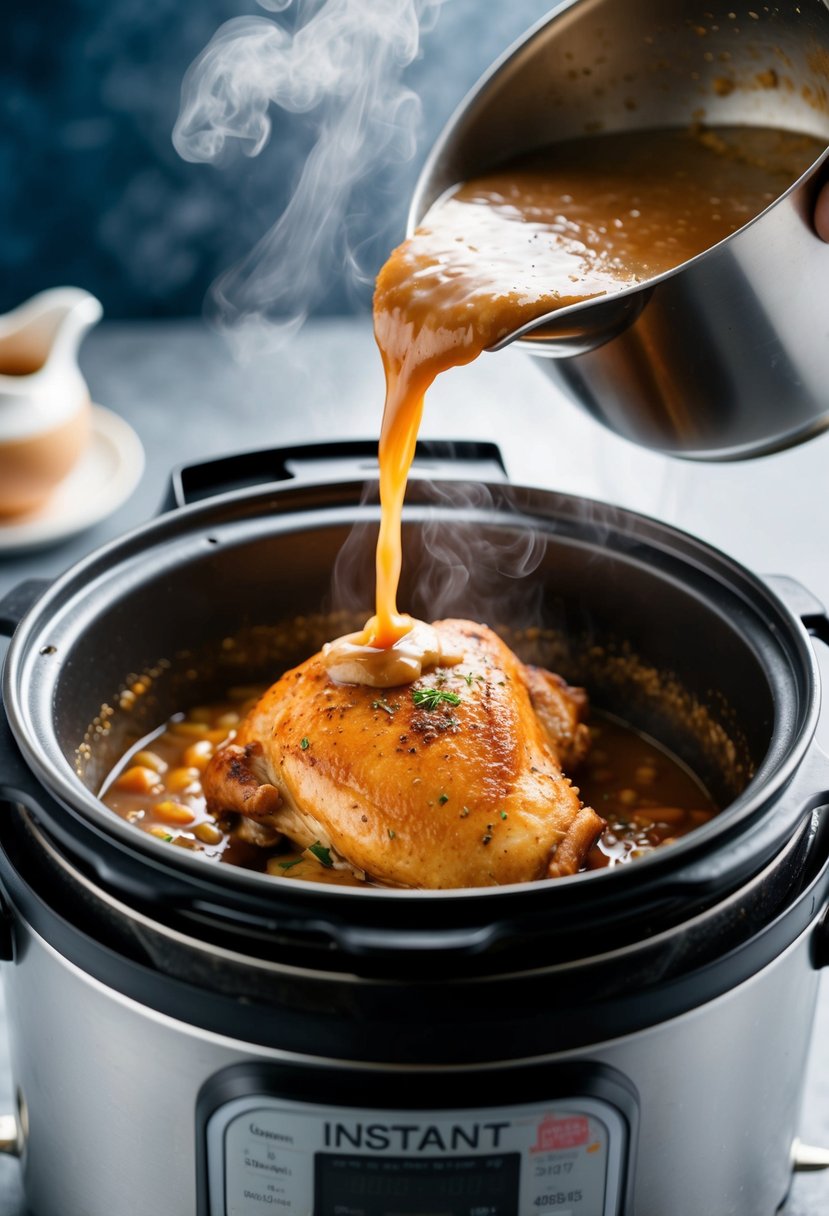 A sizzling chicken thigh is being removed from an Instant Pot, surrounded by bubbling gravy and steam