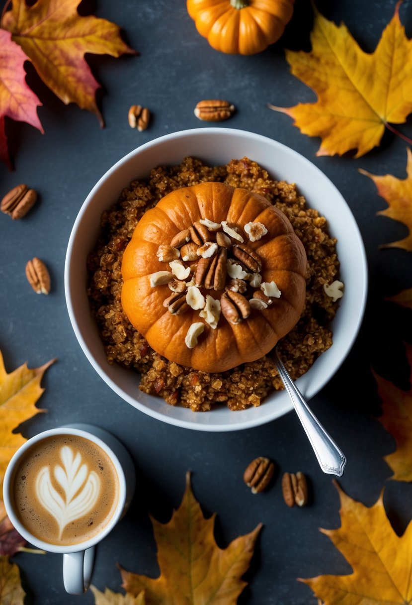 A bowl of spiced pumpkin quinoa topped with nuts and surrounded by autumn leaves and a steaming cup of coffee