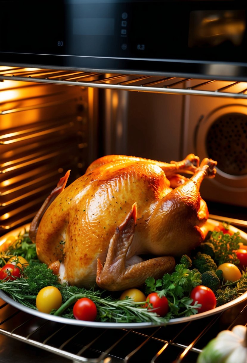 A golden brown turkey, surrounded by fresh herbs and vegetables, roasting in the oven