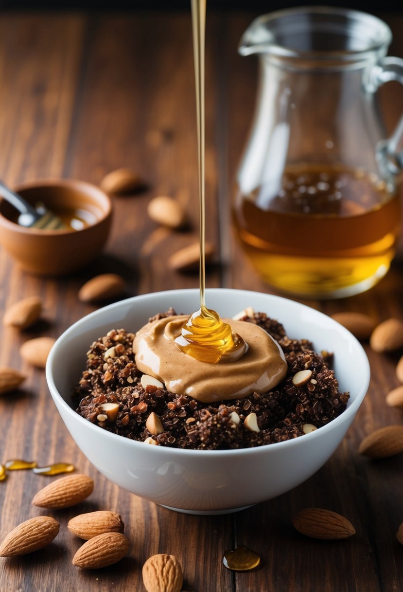 A bowl of Choco-Nut Quinoa with Almond Butter sits on a wooden table, surrounded by scattered almonds and a drizzle of honey