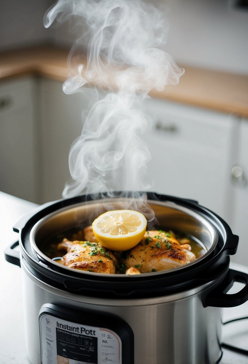 A steamy Instant Pot releasing fragrant lemon garlic chicken