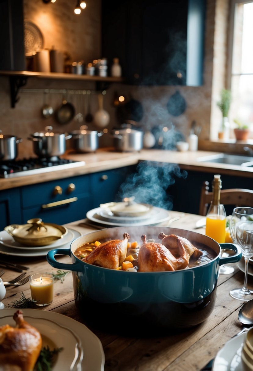 A rustic kitchen with a bubbling pot of Coq Au Vin, surrounded by vintage cookware and a table set for a cozy dinner party