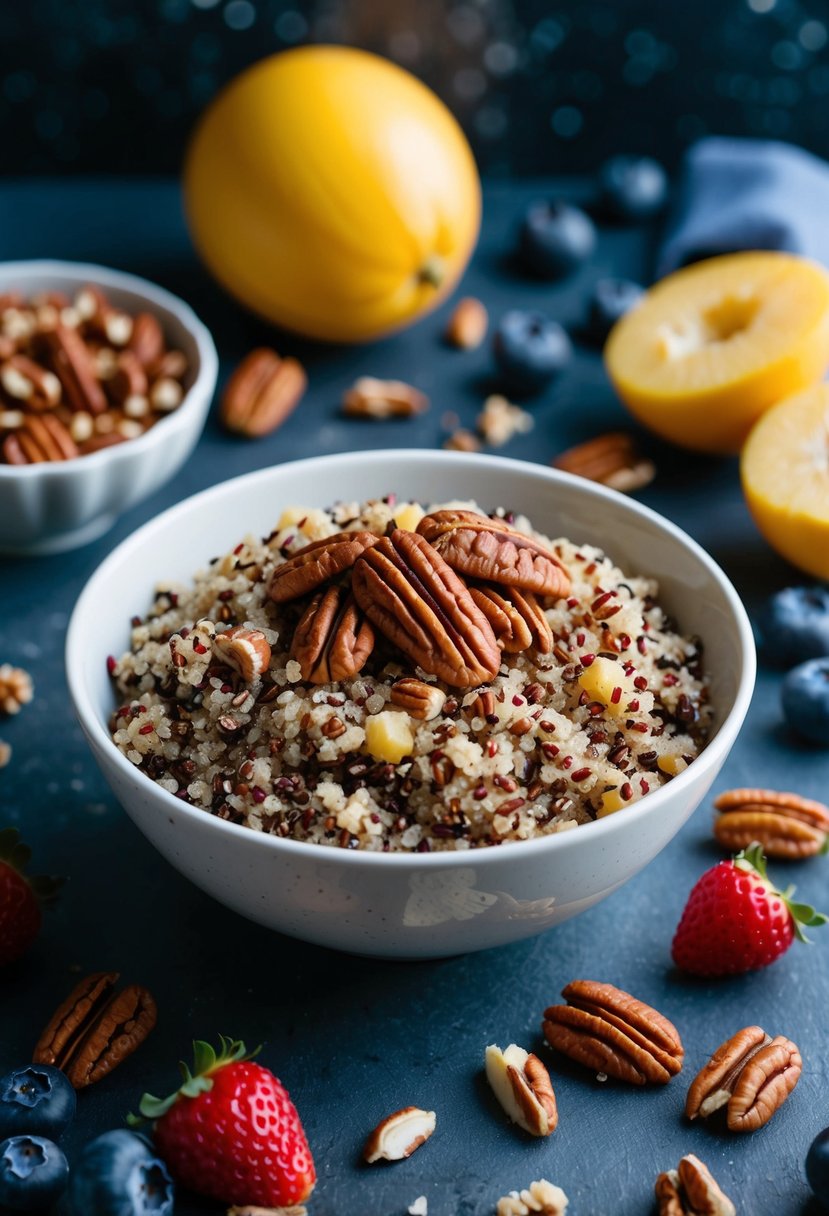 A bowl of breakfast quinoa topped with maple pecans and surrounded by fresh ingredients like berries and nuts