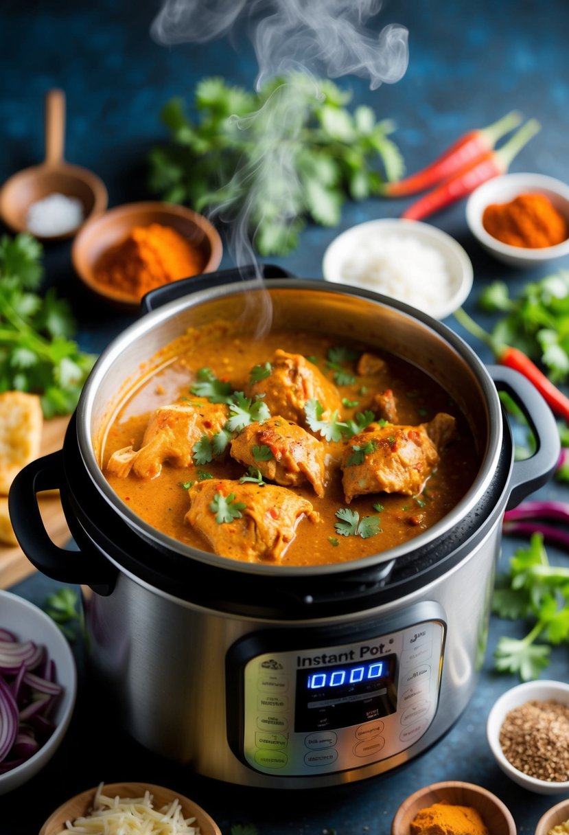 A steaming Instant Pot filled with fragrant Chicken Tikka Masala, surrounded by vibrant spices and fresh ingredients