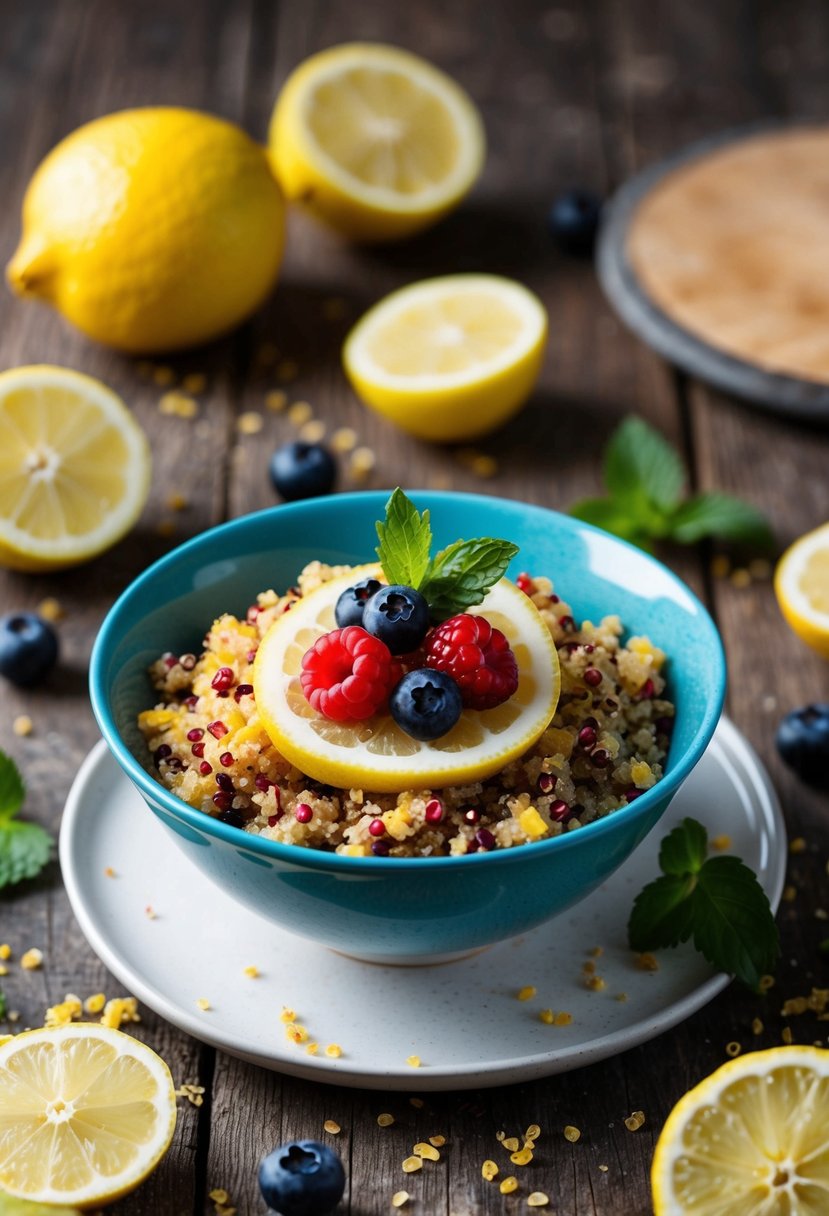 A bowl of zesty lemon quinoa topped with fresh berries sits on a rustic wooden table, surrounded by scattered lemon slices and a sprig of mint