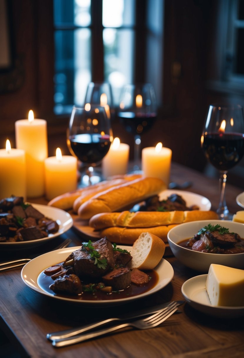 A table set with a rich spread of beef bourguignon, red wine, baguettes, and cheese. Candles flicker in the dimly lit room, creating a warm and cozy atmosphere