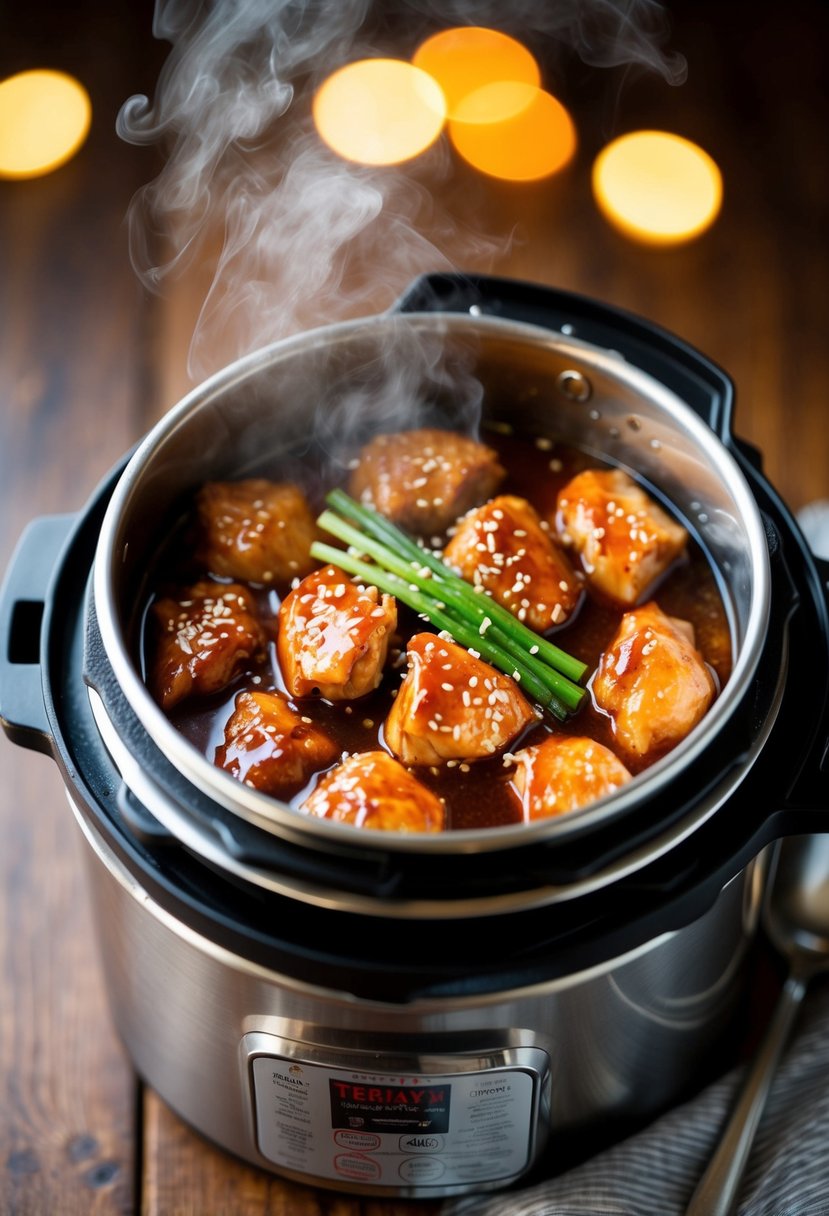 A steaming pressure cooker filled with teriyaki chicken