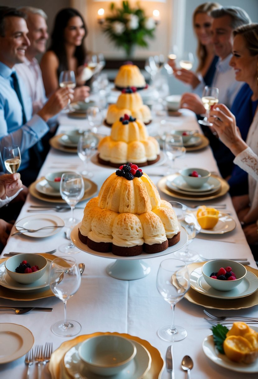 A table set with elegant dinnerware, surrounded by guests enjoying a lavish Baked Alaska dessert at a dinner party