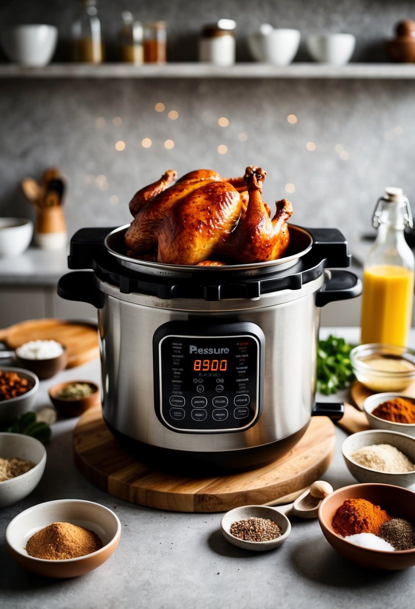 A pressure cooker filled with barbecue chicken, surrounded by various ingredients and spices on a kitchen counter