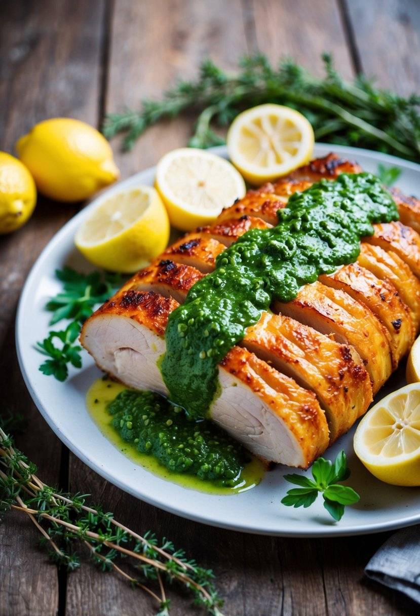 A platter of golden brown porchetta with vibrant green herb sauce, surrounded by fresh lemons and sprigs of herbs, set on a rustic wooden table