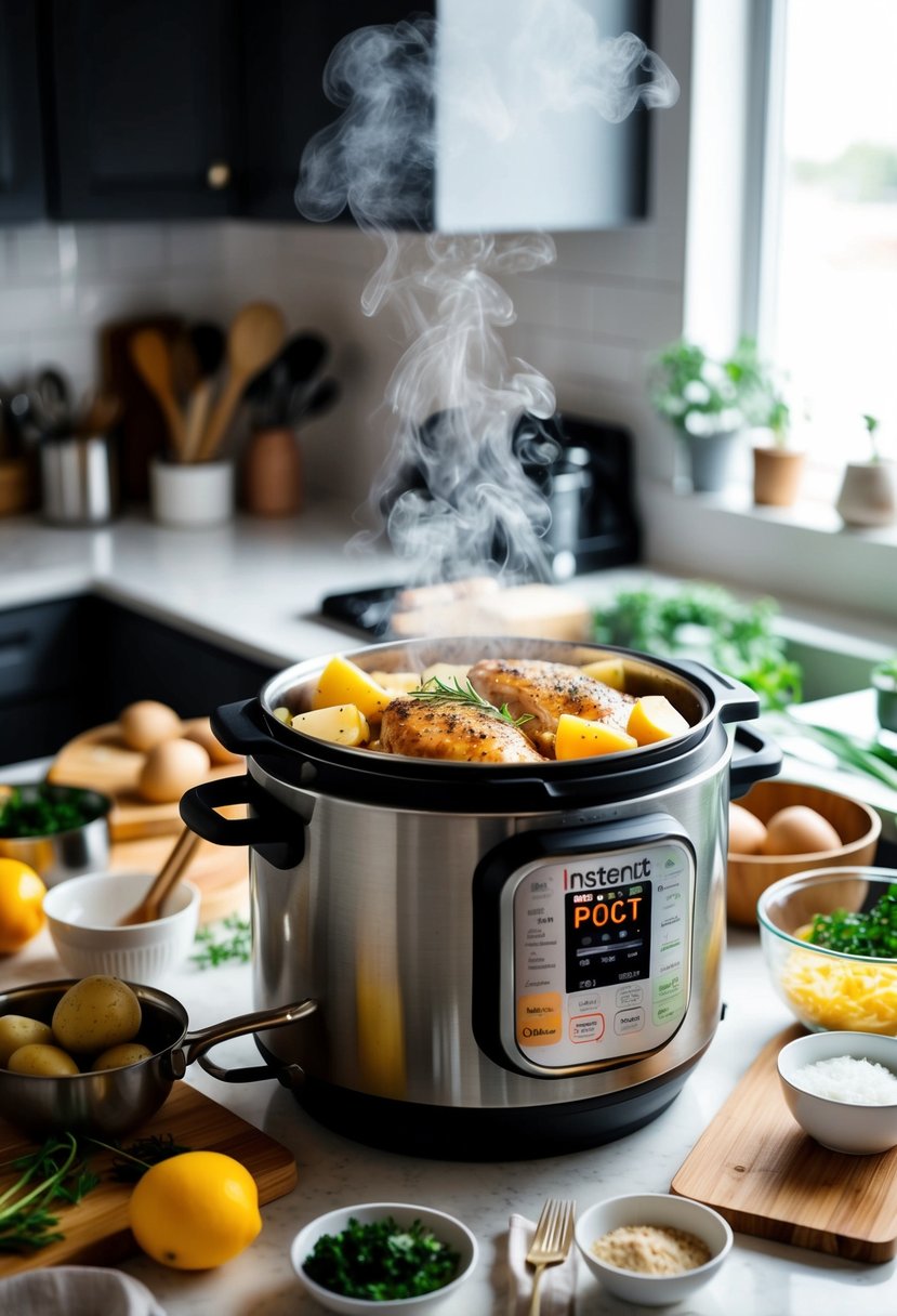 A steaming Instant Pot filled with chicken and potatoes surrounded by various cooking utensils and ingredients on a kitchen counter